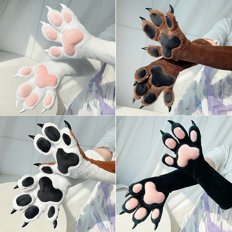 Faux Fur Animal Paw Gloves Claws Pads Cat Bear Fox Wolf Cosplay Mittens for Halloween Comic Con Kigurumi Party Cosplay Costume