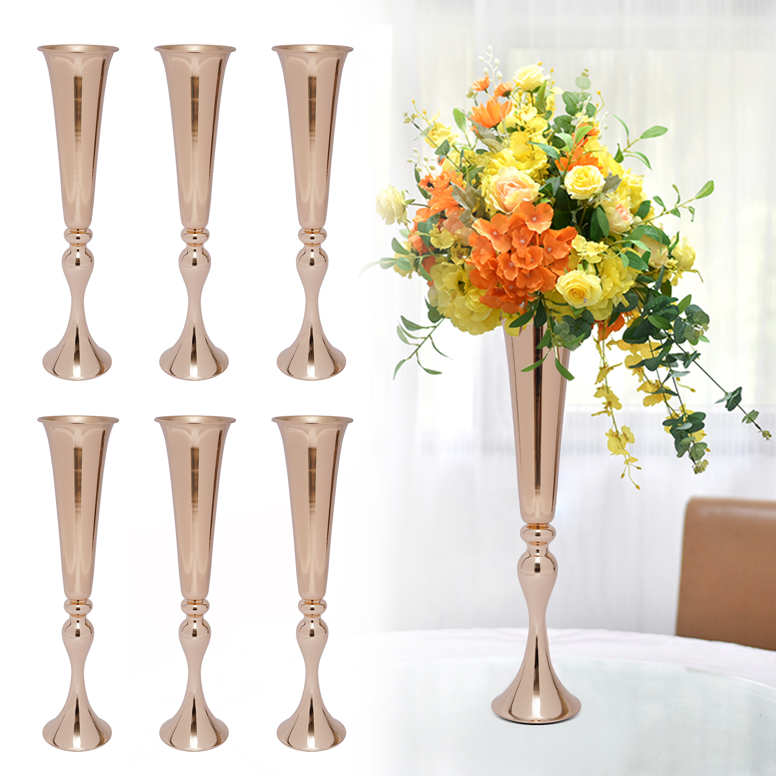 6 ชิ้นทองทรัมเป็ตแจกันงานแต่งงาน Props Centerpieces ขาตั้งดอกไม้เทียน Centerpieces สําหรับงานแต่งงานตาราง