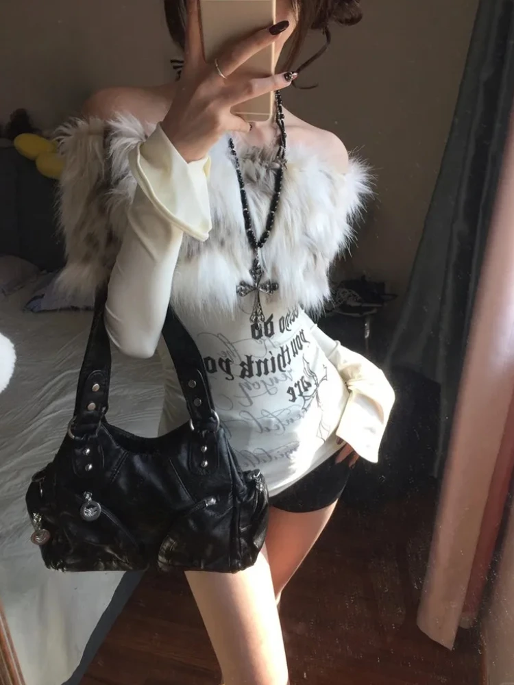 Retro และ Modern Subculture Gothic เสื้อ Harajuku แขนยาวเสื้อยืดผู้หญิง Y2K เสื้อผ้าเสื้อ Punk Emo Top Street