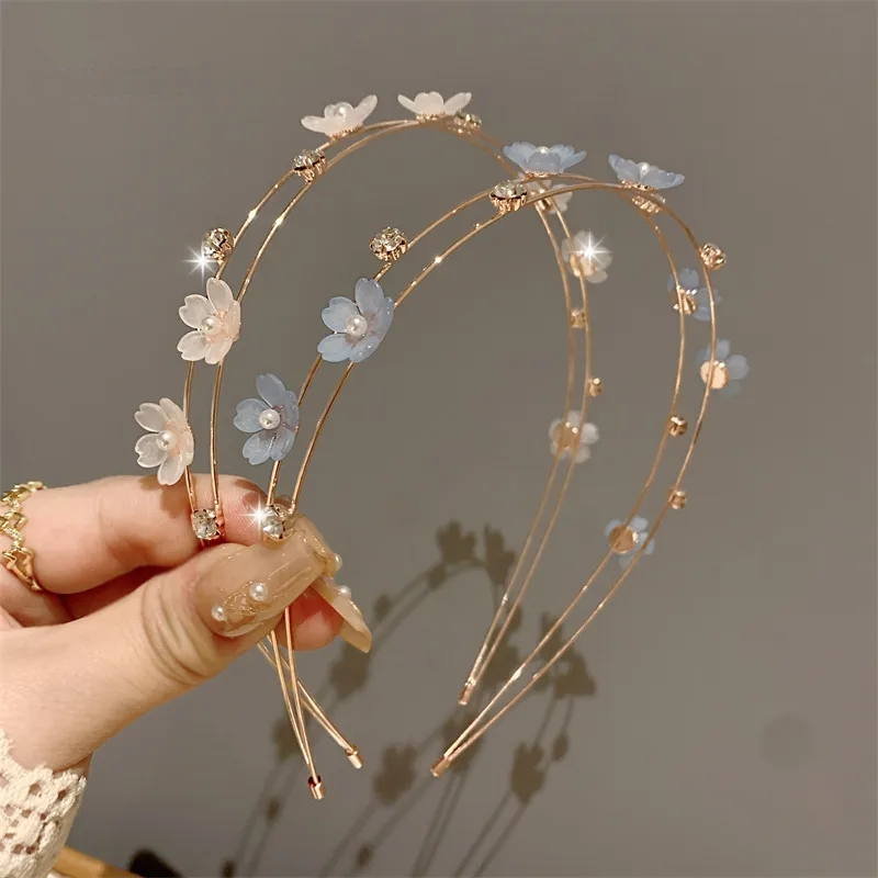 Nueva diadema de Metal de doble capa, diadema de perlas y flores para mujer, diadema con diamantes de imitación brillantes, accesorios para el cabello