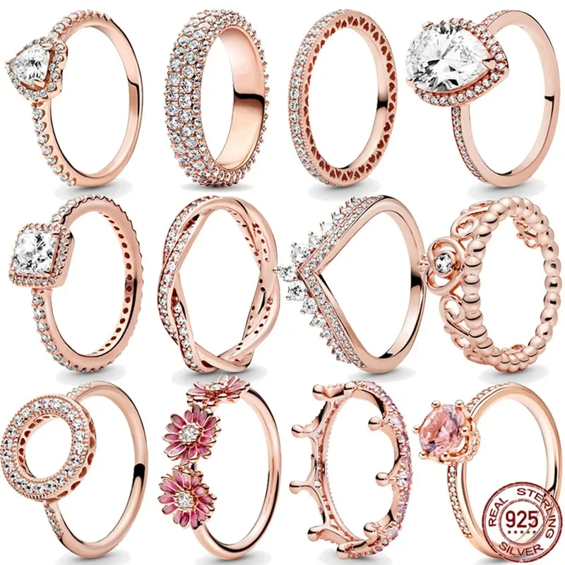 Joyería de moda, anillo clásico de Plata de Ley 925 de oro rosa, anillo con dije de corona brillante, regalo exquisito de cumpleaños para mujer