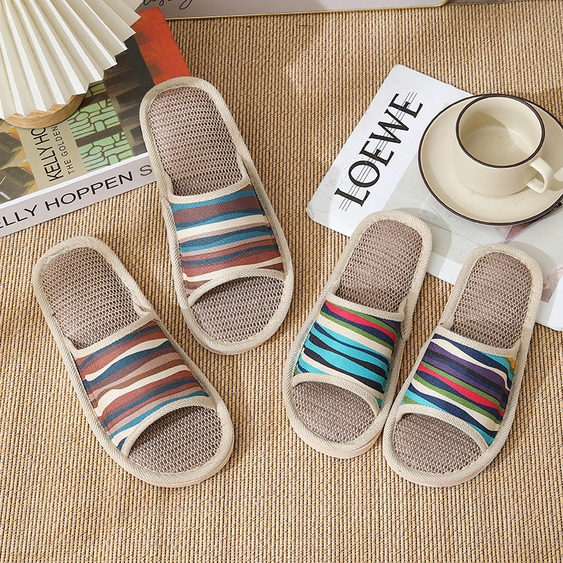 Pantuflas de Lino Multicolor para Parejas, Sandalias Antideslizantes a Rayas para Mujer, Sandalias Transpirables para Hombre, para Interiores