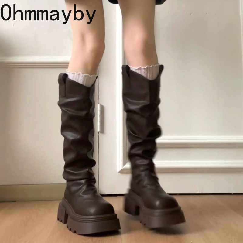 Jesienno-zimowe botki damskie na platformie z grubą podeszwą, modne wsuwane buty, vintage damskie buty rycerskie Botas