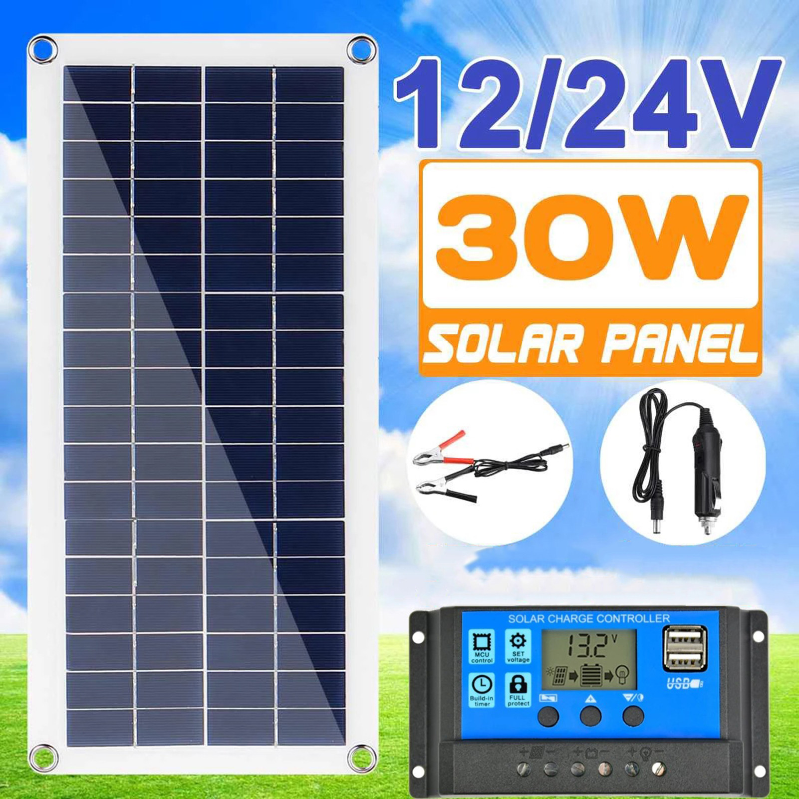แผงเซลล์แสงอาทิตย์ Polycrystalline 12V ชุด10W 30W 100W Solar Cell Controller สำหรับโทรศัพท์ RV รถ MP3 PAD PAD กลางแจ้งแบตเตอรี่