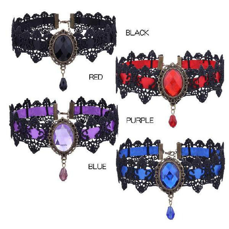 Gotycki musujące naszyjnik z kamieni szlachetnych kołnierz Retro Punk koronkowy Choker Halloween łańcuch w stylu Vintage wampir biżuteria akcesoria nowy