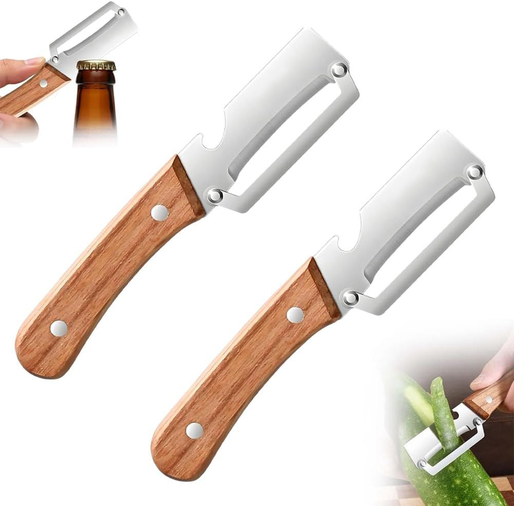木製ハンドルと栓抜き付き野菜ピーラー：フルーツ、ジャガイモ、カボチャ用の2-in-1ステンレス製キッチンツール