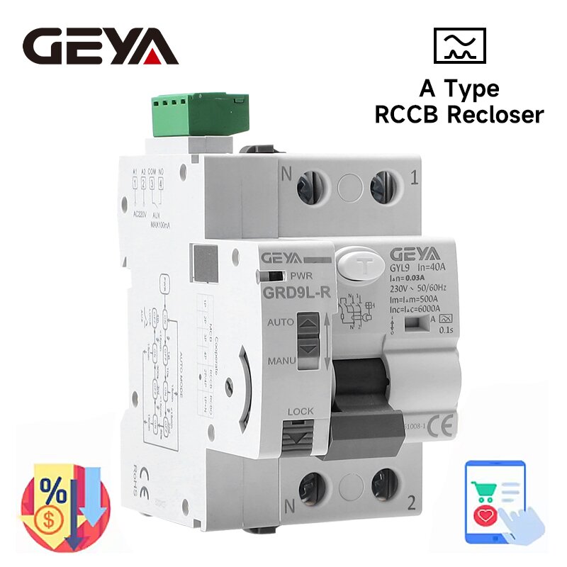 Disjuntor Diferencial GEYA GRD9L Tipo A com Religador Automático 2P 40A 0.03A (30mA) Interruptor de Segurança 220V