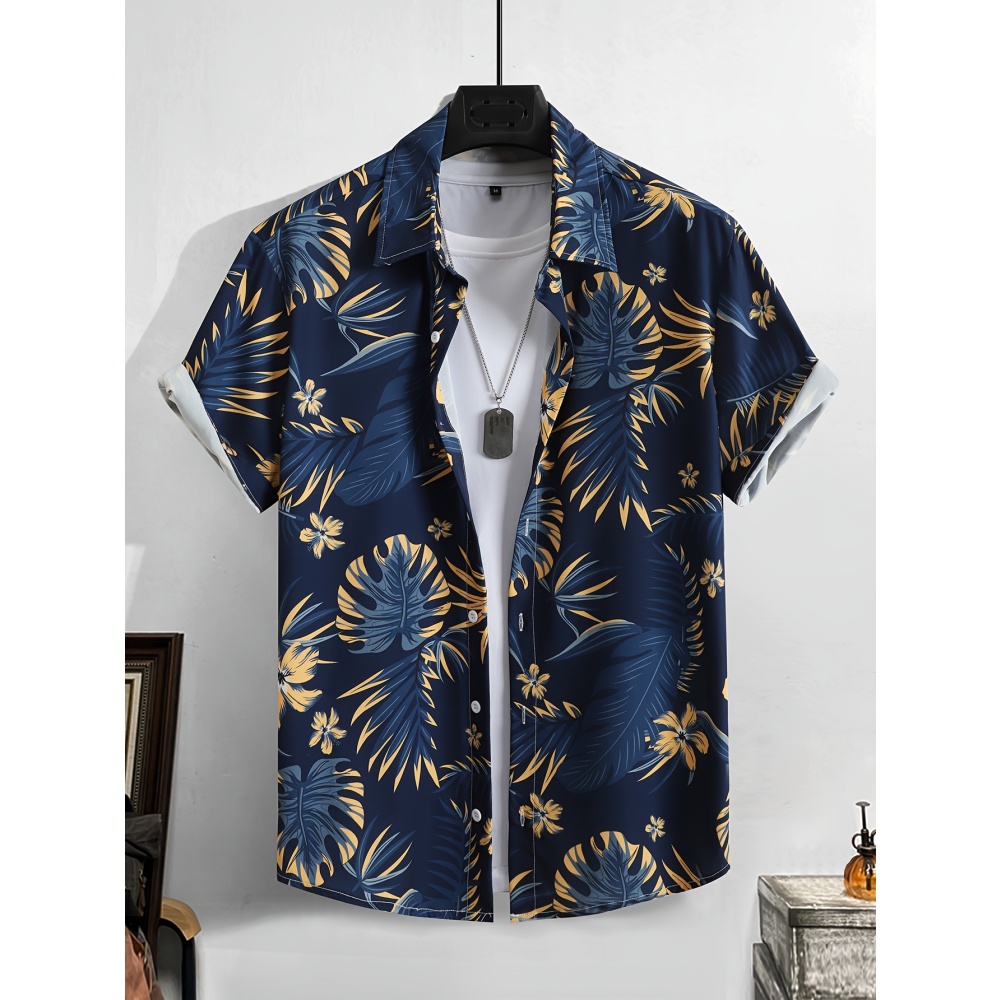 Herren Freizeithemd mit Buntem Tropischem Aufdruck, Hawaii-Hemd, Kurzarm Sommer Strandhemd, Knopfleiste, Lässiges Oberteil