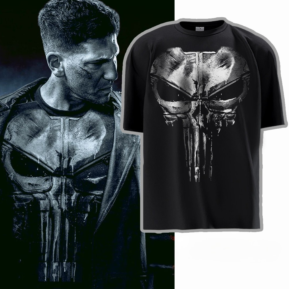 Classic Punisher Skull Oversized Chest Graphic T Shirt Men Summer Cotton Short Sleeve O Neck Casual Black Streetwear Tops