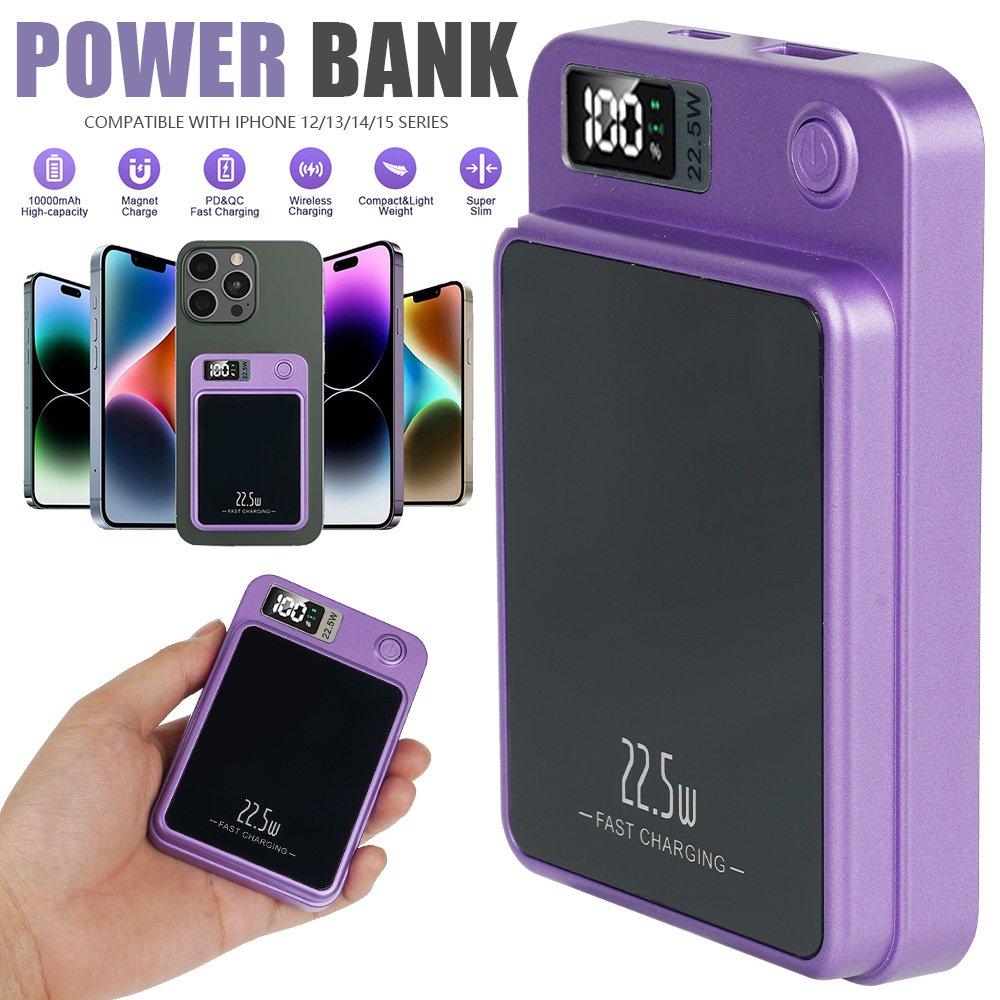 Banco de Energía Inalámbrico Magnético de 10000mAh, Cargador Externo Portátil con Indicador LED de Energía, Puertos Duales USB-A y Tipo-C para Carga de Emergencia del Teléfono