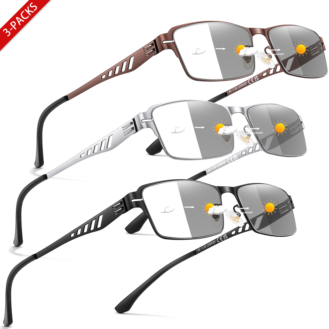3 paires de lunettes de lecture photochromiques à monture métallique à la mode, lunettes rectangulaires Vintage pour lunettes presbytes et usage quotidien
