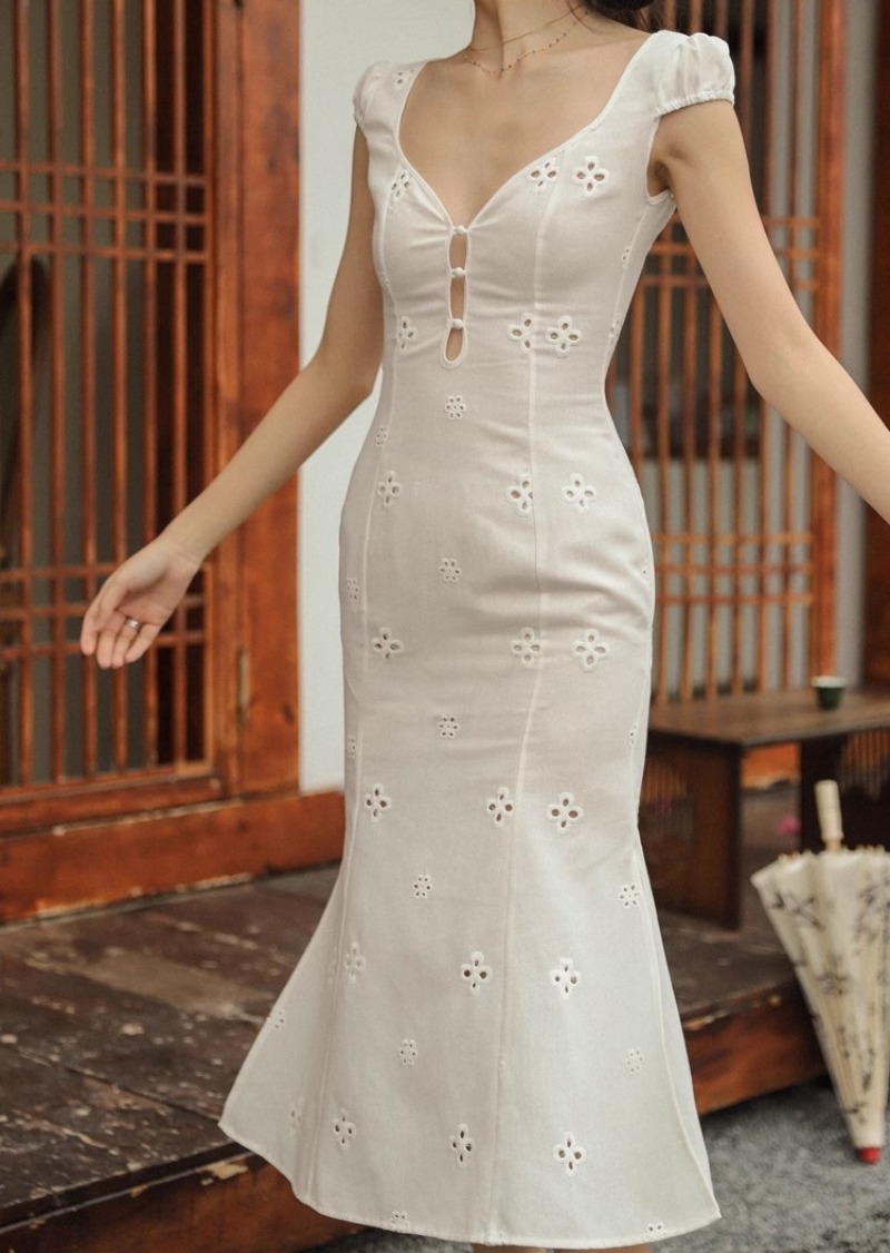 Elegante Witte Jurk Vrouwen V-Hals Zomer Vakantie Mouwloze Bodycon Uitgehold Streetwear Vintage Feestvestik