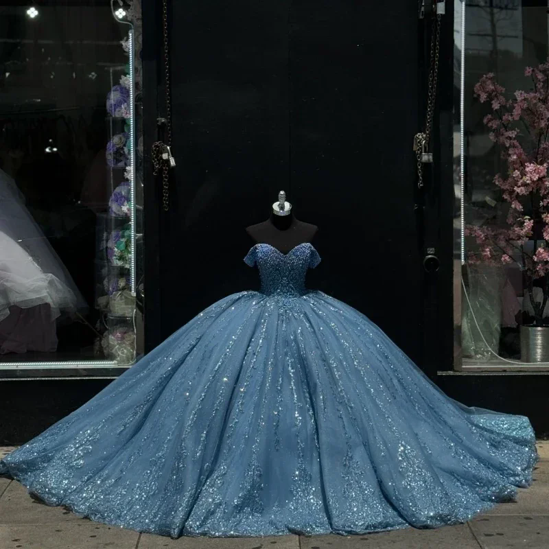 ANGELSBRIDEP bleu scintillant Quinceanera robes perles Appliques épaules dénudées robes De 15 Anos fête d'anniversaire personnalisé