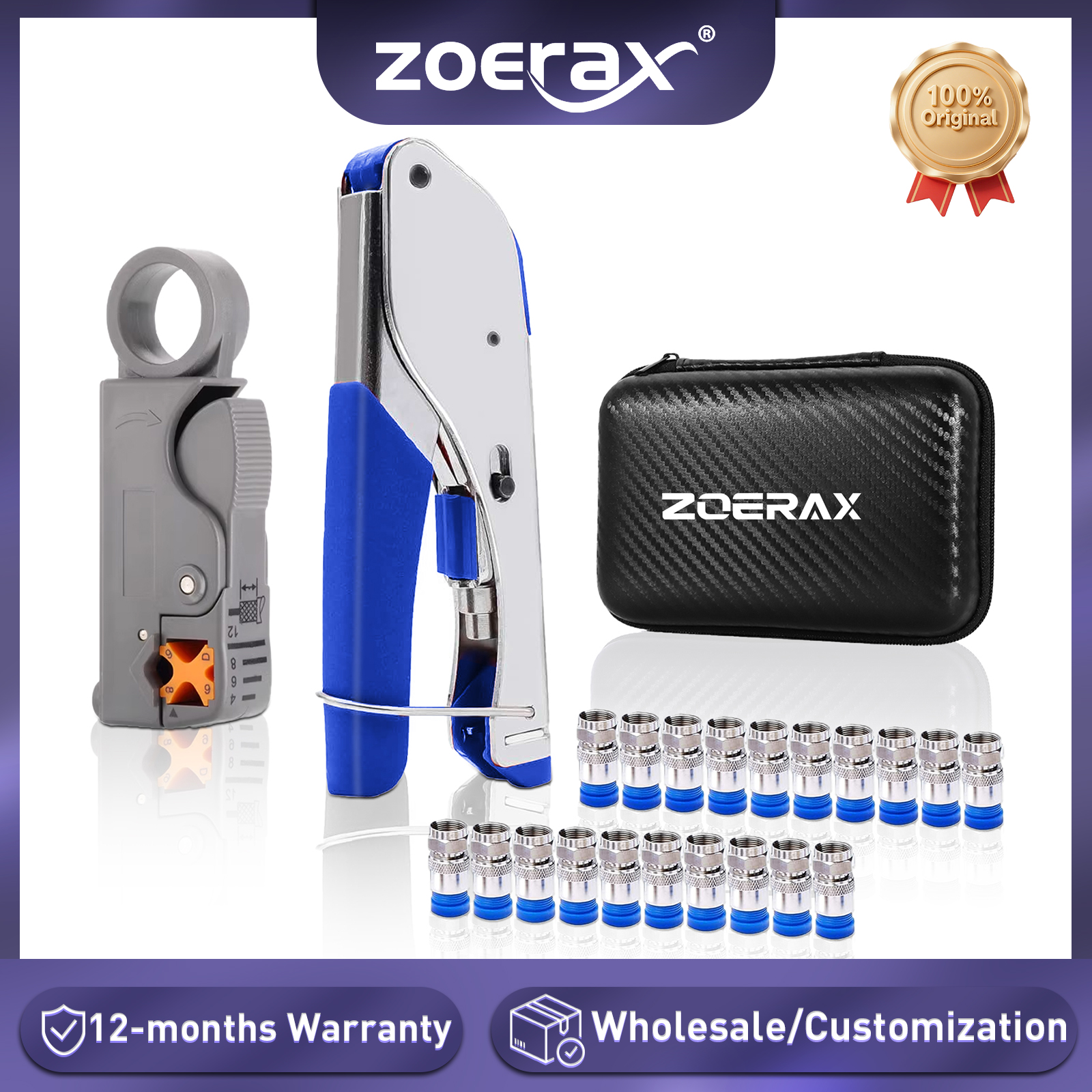 ชุดเครื่องมือบีบสายโคแอกเชียล ZoeRax คีมย้ำสายโคแอกเชียล พร้อมหัวต่อ RG6 F จำนวน 20 ชิ้น เครื่องมือปอกสายโคแอกเชียล