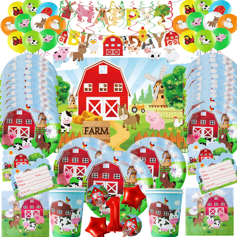 ฟาร์มวัวธีมวันเกิดสัตว์ปาร์ตี้วัวตกแต่งทิ้งถ้วยแผ่นธงผ้าปูโต๊ะ Baby Shower บอลลูนตกแต่ง
