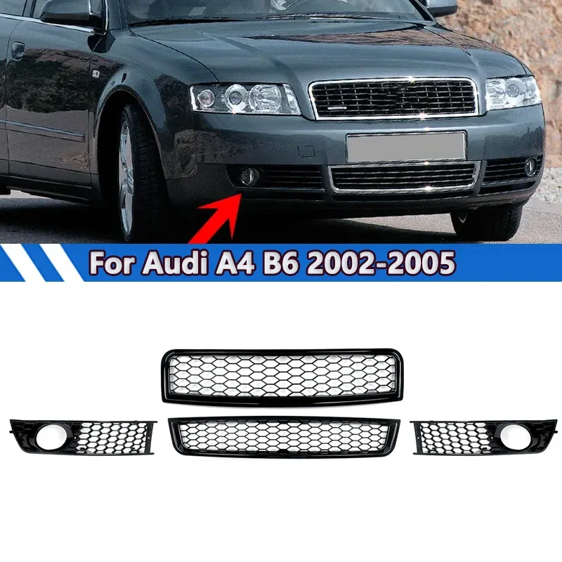 Voor Audi A4 B6 2002-05 Zwart Rs Stijl Voorste Bovenste Grill + Mistlicht Grille A4b6 Honingraat Mesh Midden Onderste Net