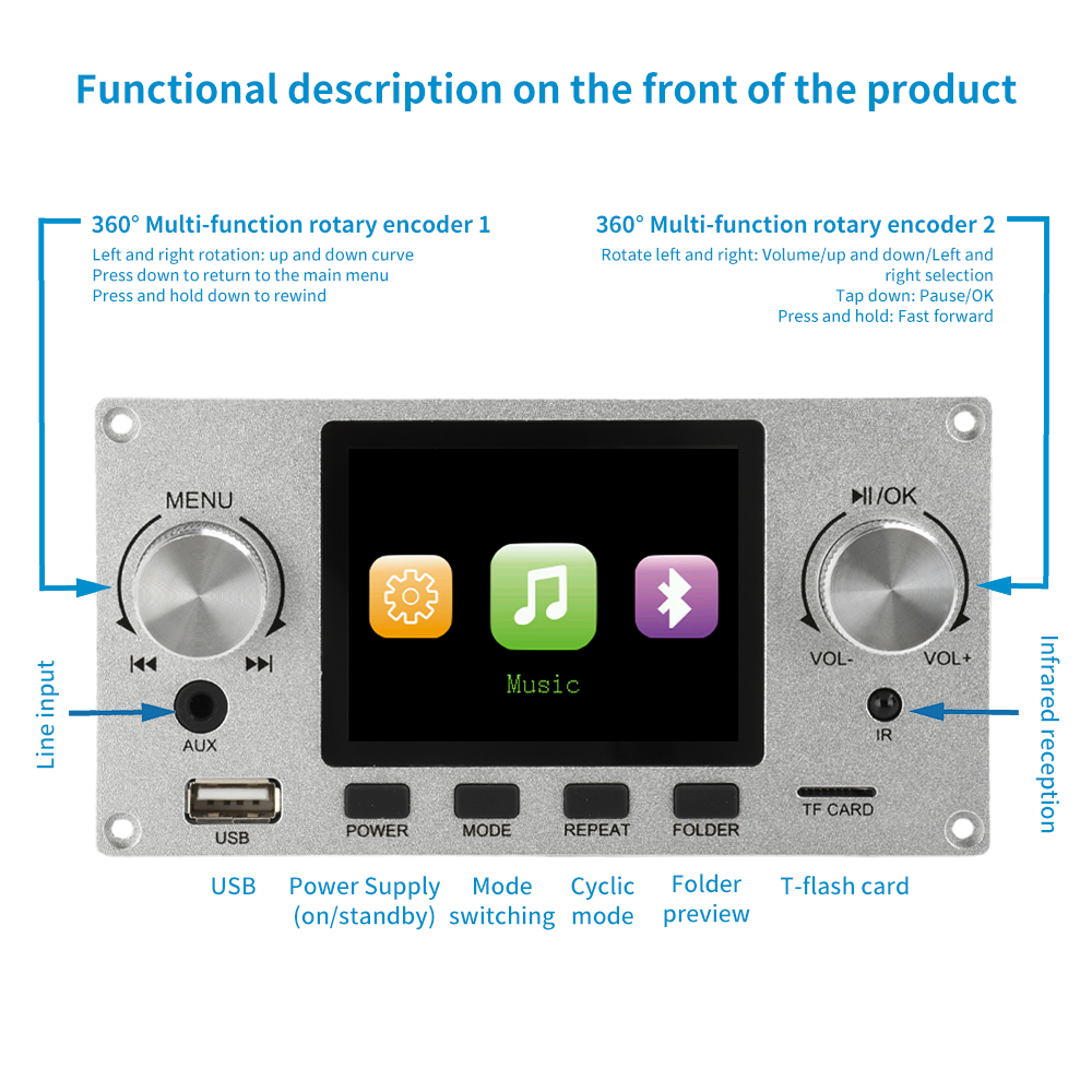 2,8-дюймовый цветной TFT LCD-дисплей, плата декодера MP3 без потерь, Bluetooth 5.3, стерео аудио, декодирование FLAC WAV APE, USB TF для автомобильного усилителя