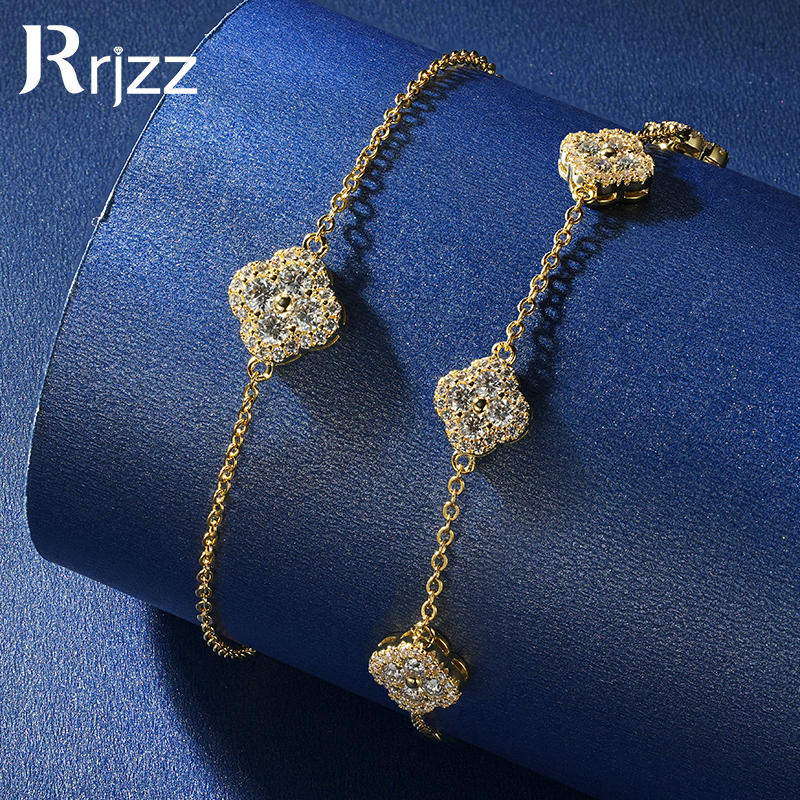 Bracciale Rrjzz Certificato con Moissanite Taglio Rotondo Colore D VVS1, Diamante Sintetico da Laboratorio, Bracciale a Quadrifoglio Portafortuna per Donne