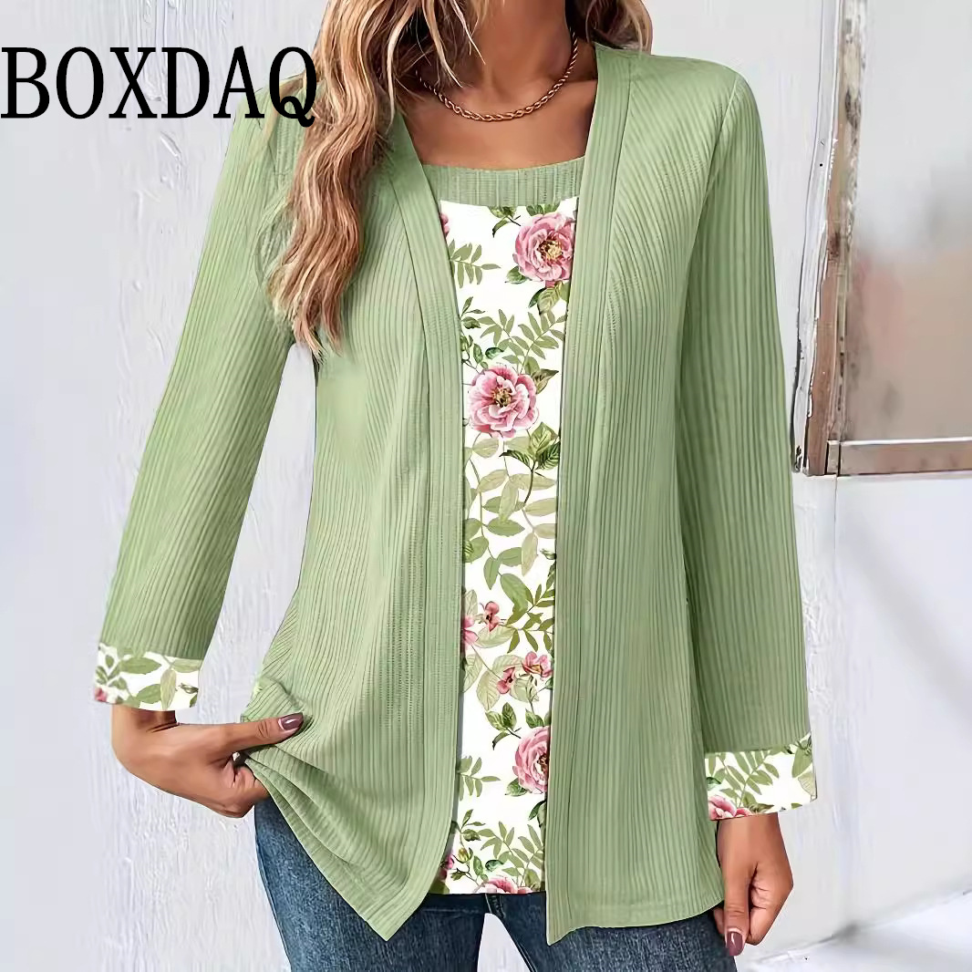 Top falso de dos piezas para mujer, blusas con estampado de cuello cuadrado de talla grande a la moda, camiseta informal holgada de manga larga para otoño e invierno 2024
