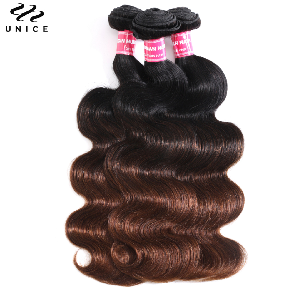 Cabelo Humano UNice Castanho Ombré Ondulado (Body Wave) - Pacotes de 1/3/4 Unidades - 100% Cabelo Humano para Costura e Aplicação Rápida - 8-26 Polegadas