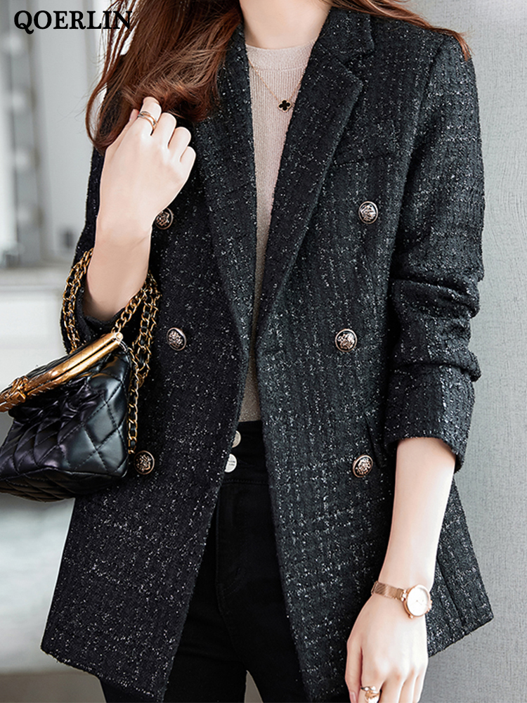 Qoerlin 5xl Dames Winter Tweed Blazer Jas Dikke Warme Lange Mouw Slanke, Elegante Casual Outwear Double-Breasted Overjas
