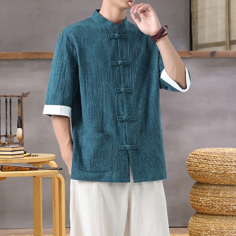 Leichtes, atmungsaktives Leinenhemd für Herren mit Stehkragen, Sommer-Oberteil im chinesischen Stil mit orientalischem Design für Freizeitkleidung