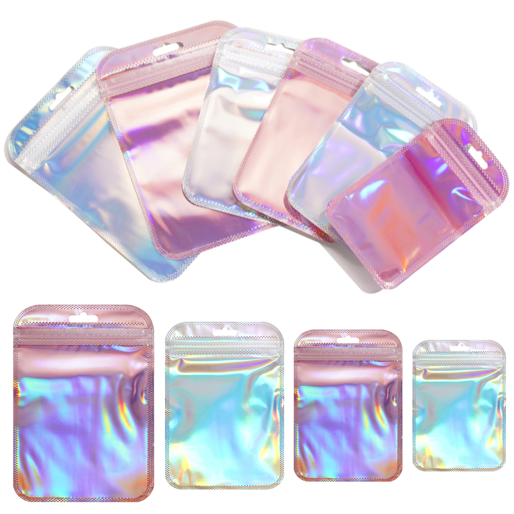 50 pçs/lote sacos ziplock iridescentes transparente laser engrossar sacos de vedação de plástico para jóias brincos pingentes exibição artesanato