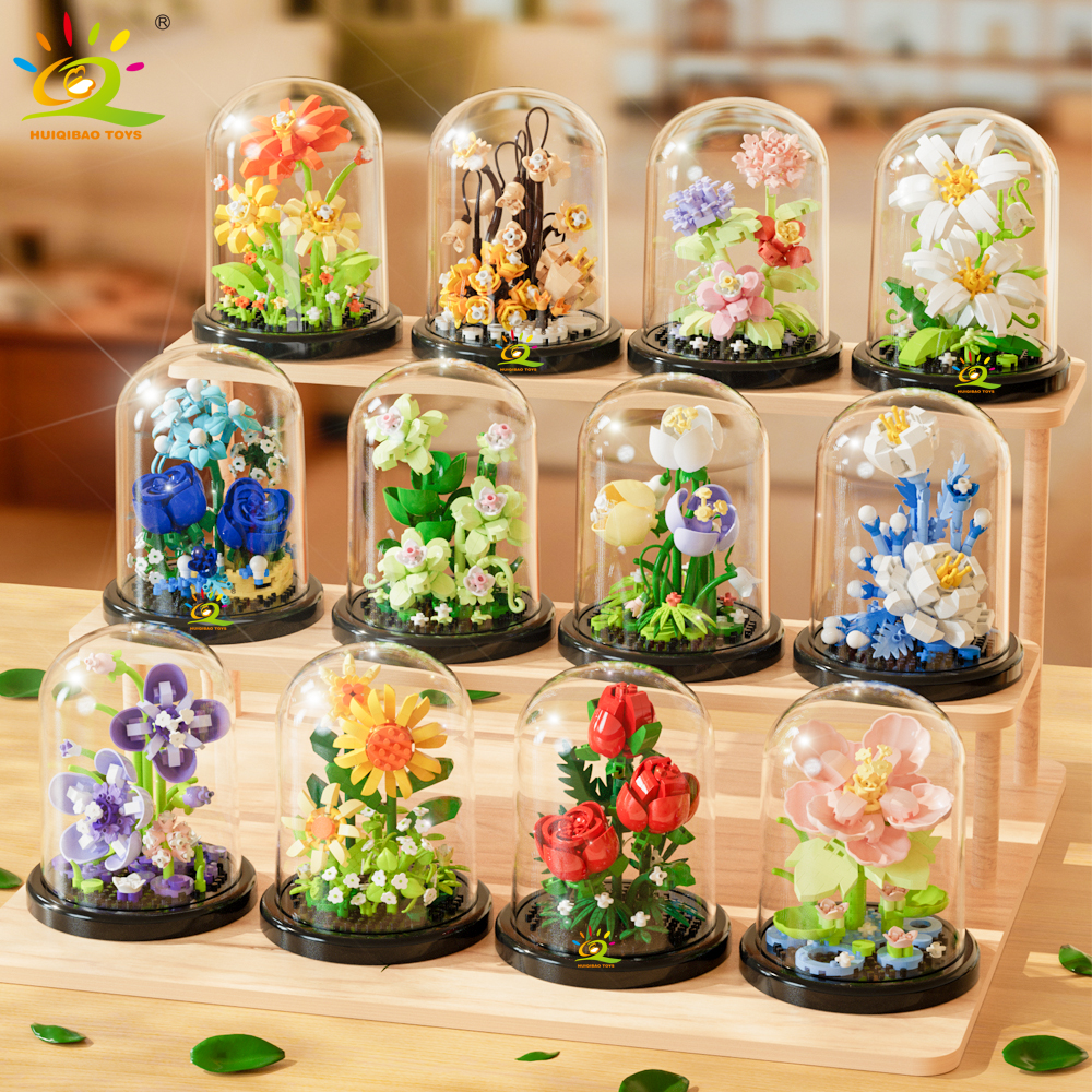 HUIQIBAO MOC Ewige Bouquet Display Box Micro Bausteine Blume Modell DIY Hause Schreibtisch Anlage Dekoration Ziegel Spielzeug Für Kinder
