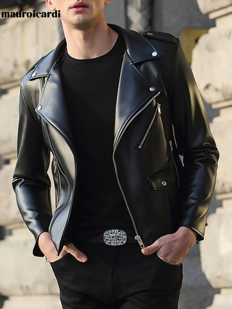 Mauroicardi wiosna jesień krótki dopasowany fajne czarna sztuczna skóra kurtka motocyklowa mężczyźni Zipper z długim rękawem odzież Plus Size 4xl 5xl
