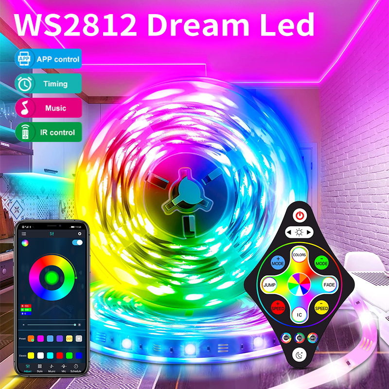 Tira de luces LED de ensueño WS2812, cinta de Control por aplicación, juego completo con fuente de alimentación + luz Led inteligente RGB remota, decoración de dormitorio