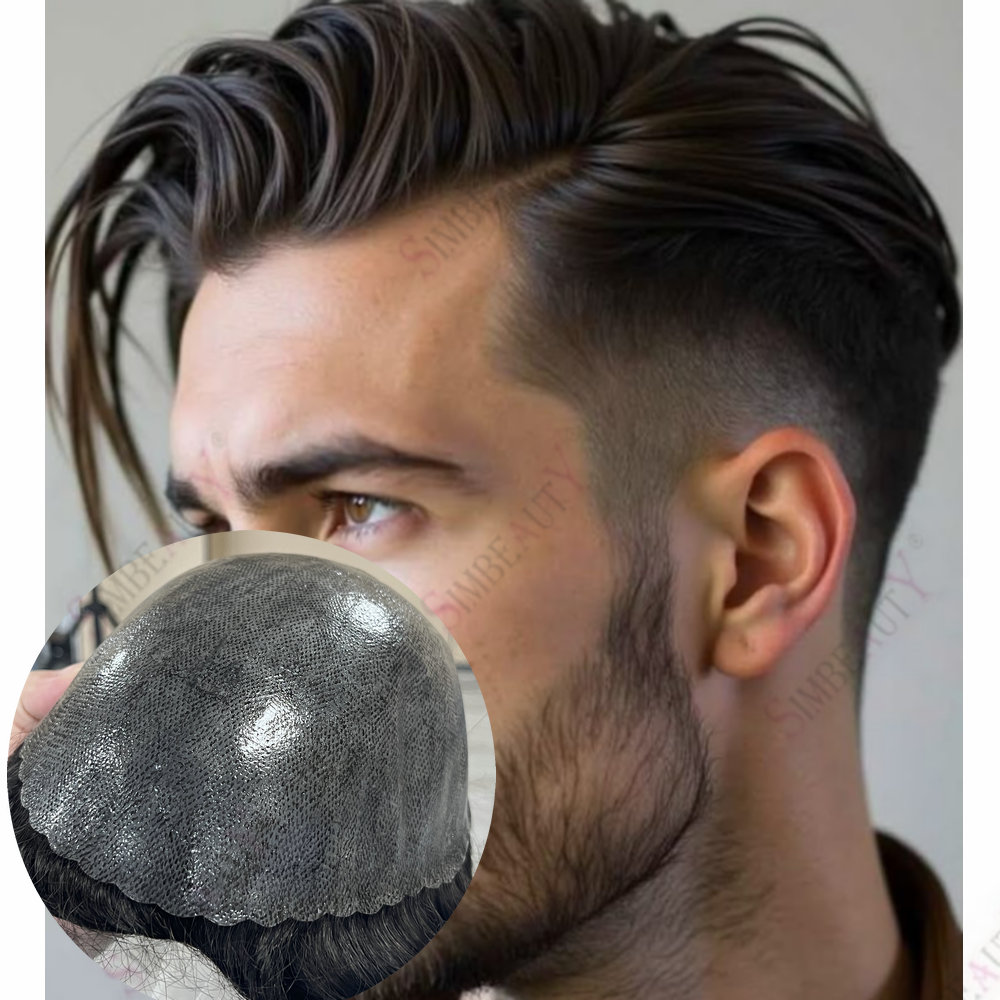 Toupee in PU a pelle sottile super resistente con capelli umani per uomo, sistema di sostituzione protesi capillare, linea naturale dei capelli, grigio, nero, marrone