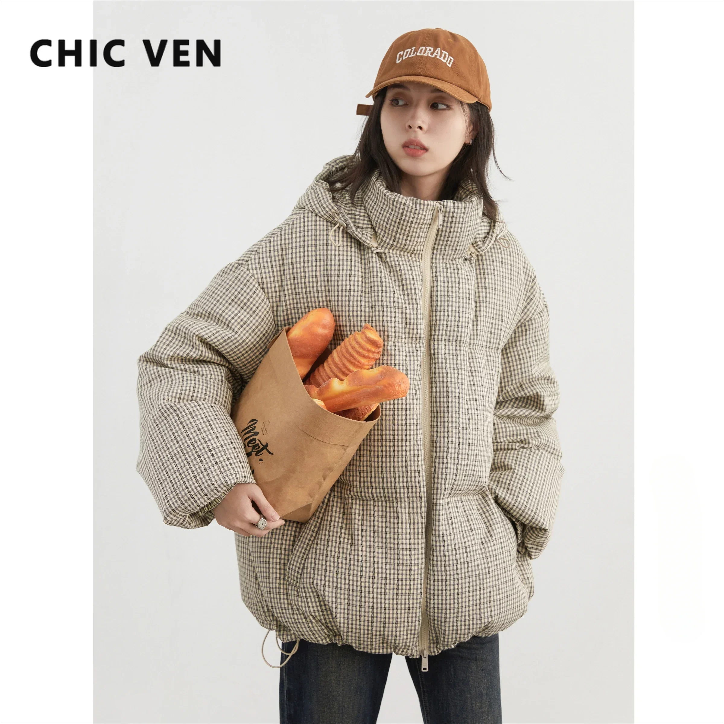 CHIC VEN женские пуховики свободные новые с капюшоном в клетку черепаха сзади пуховик 90 белый утиный пух женская одежда зимняя новинка 2024
