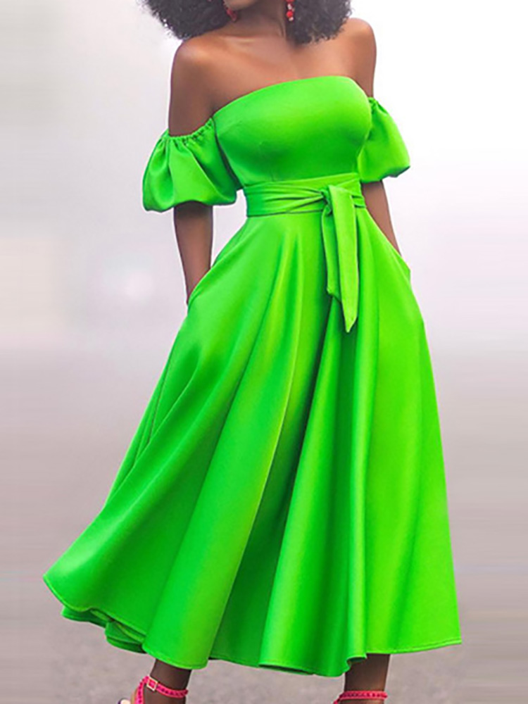 Slim Fit Gürtel Elegante Dame Midi Kleider Sommer Frauen Off Schulter Solide Party Kleid Slash Hals Kurzarm Patchwork Club kleid