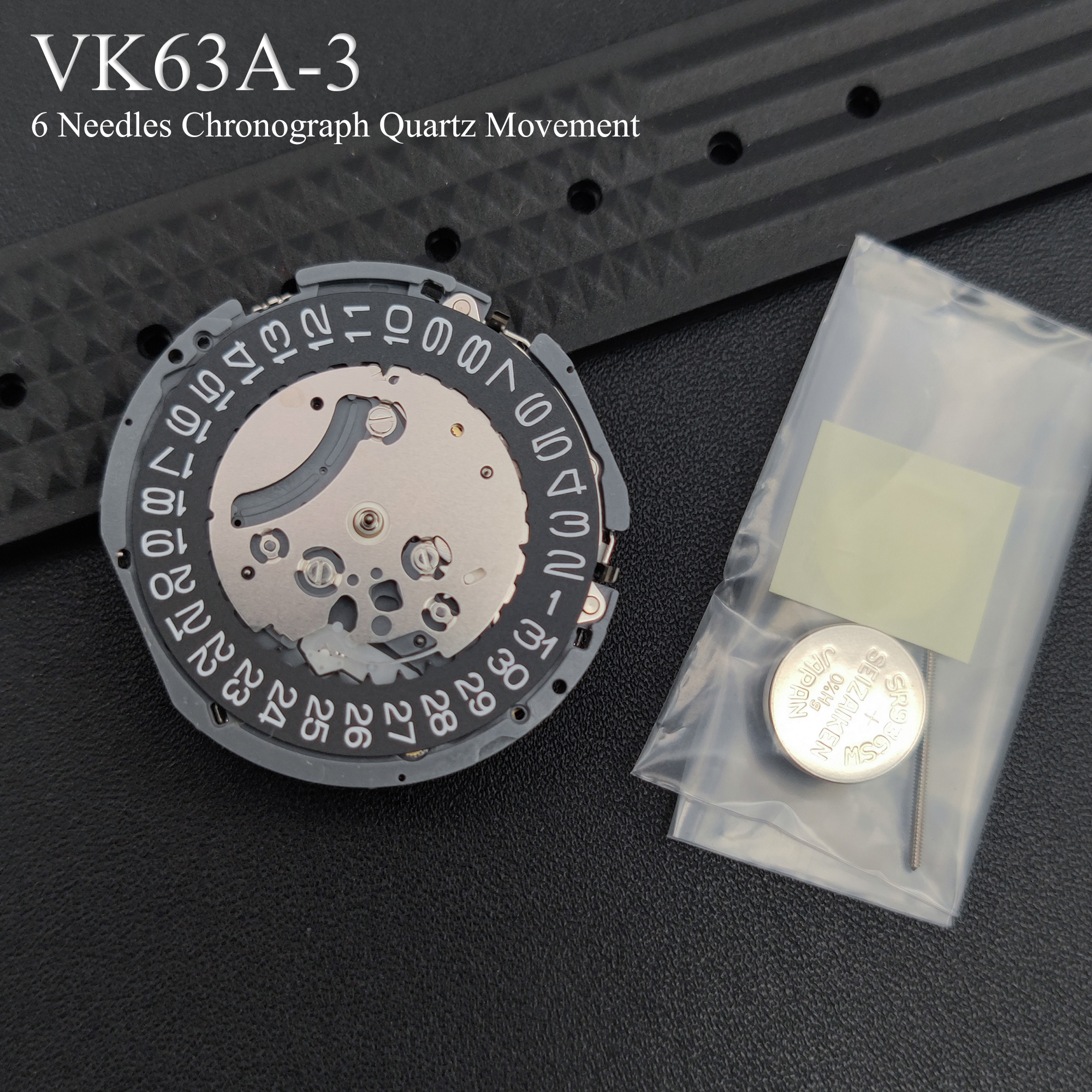 日本正規品 VK63 VK63A ムーブメント ブラック 3H 日付/ディスクホイールバージョン Mod クロノグラフ クォーツムーブメント VK63A-3 バッテリー付き