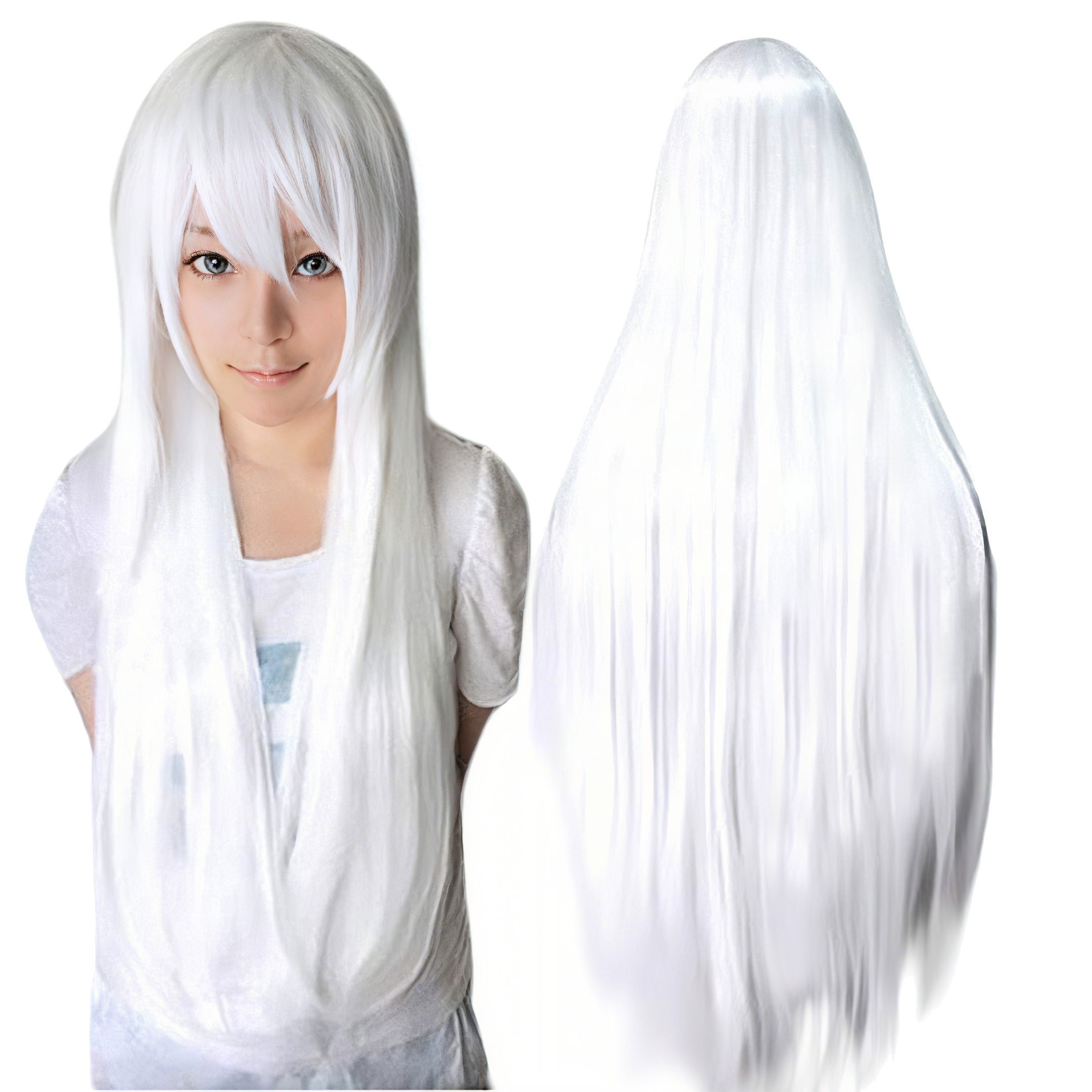 Peluca blanca sintética, pelucas de Cosplay, peluca blanca recta con flequillo para Cosplay de Anime, peluca de pelo para fiesta de disfraces de Halloween