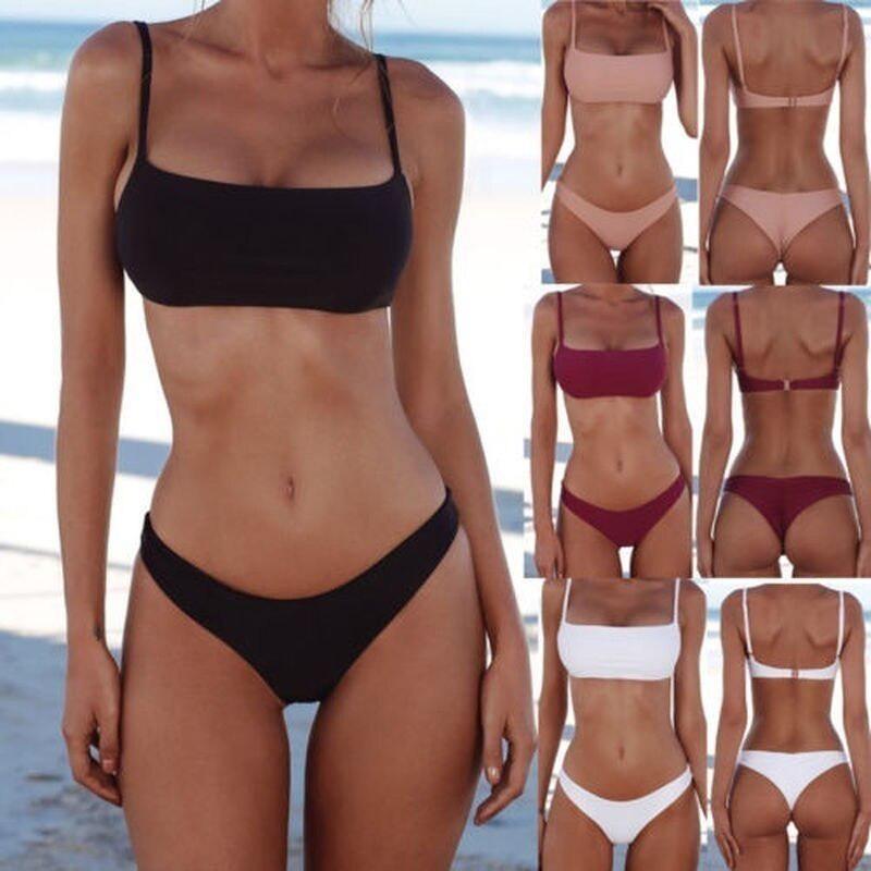 Women's Bikini Set Solid Color Two Piece Swimsuit Sexy Spaghetti Strap Beach Swimwear With Padded Bra Summer Bathing Suit