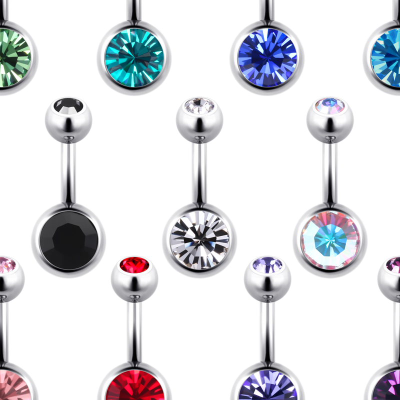 Anello per ombelico in titanio ASTM F136 G23 14G con filettatura esterna e zirconi, barbell da 10mm/8mm, senza nichel, ipoallergenico