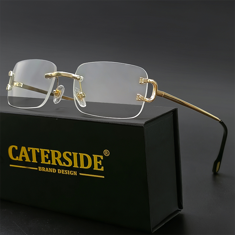 CATERSIDE Occhiali da sole rettangolari blu da uomo Occhiali da sole quadrati moda in metallo senza montatura per donna Occhiali da esterno con lenti sfumate UV400