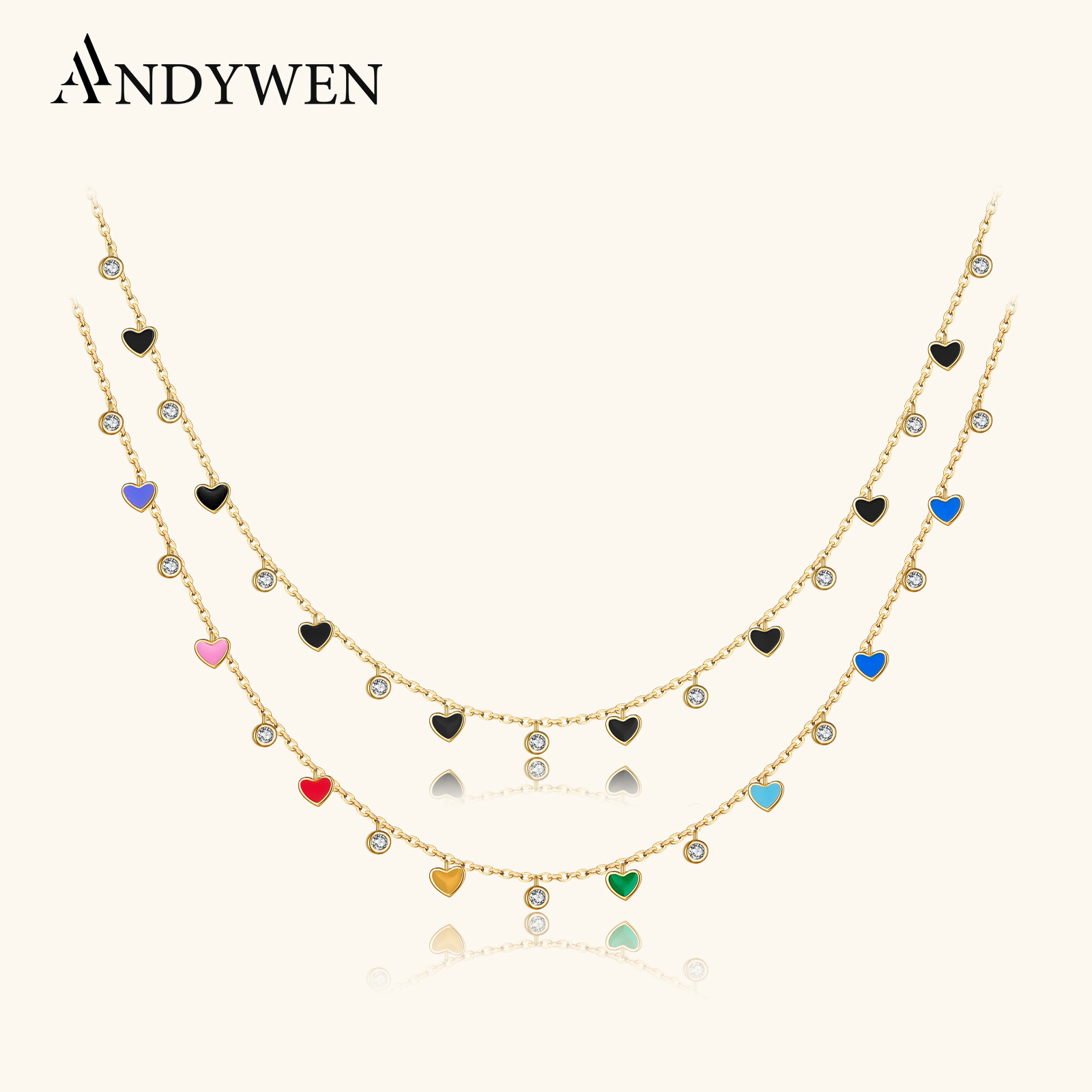 ANDYWEN 925 Sterling Silver Gold Bohemia CZ Arcobaleno Cuore Collana girocollo con ciondolo 2023 Primavera Natale Gioielli per le donne Festa