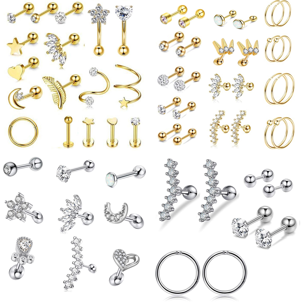 17 pc edelstahl knorpel tragus ohr piercing für frauen mädchen 14g mode kristall reifen ohrringe unisex körper schmuck