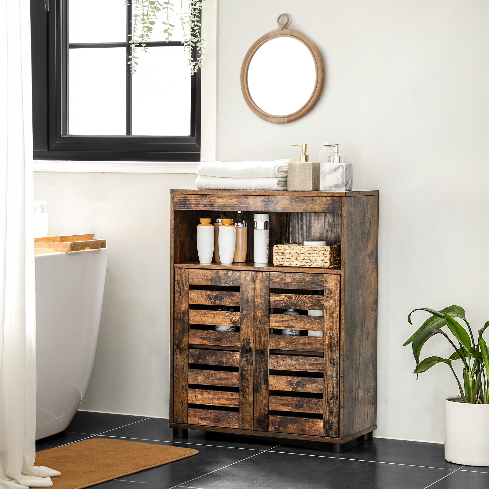Vasagle Badkamerkast Opbergkast 4 Tier Rustieke Chique Plank 60X30X80 Cm Met Lameldeuren, Compartimenten