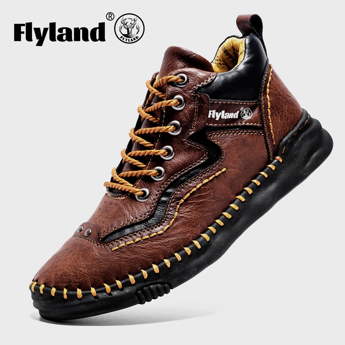 FLYLAND Botas de tobillo de negocios de cuero genuino clásicas retro suaves y agradables a la piel para hombre Botas casuales hechas a mano