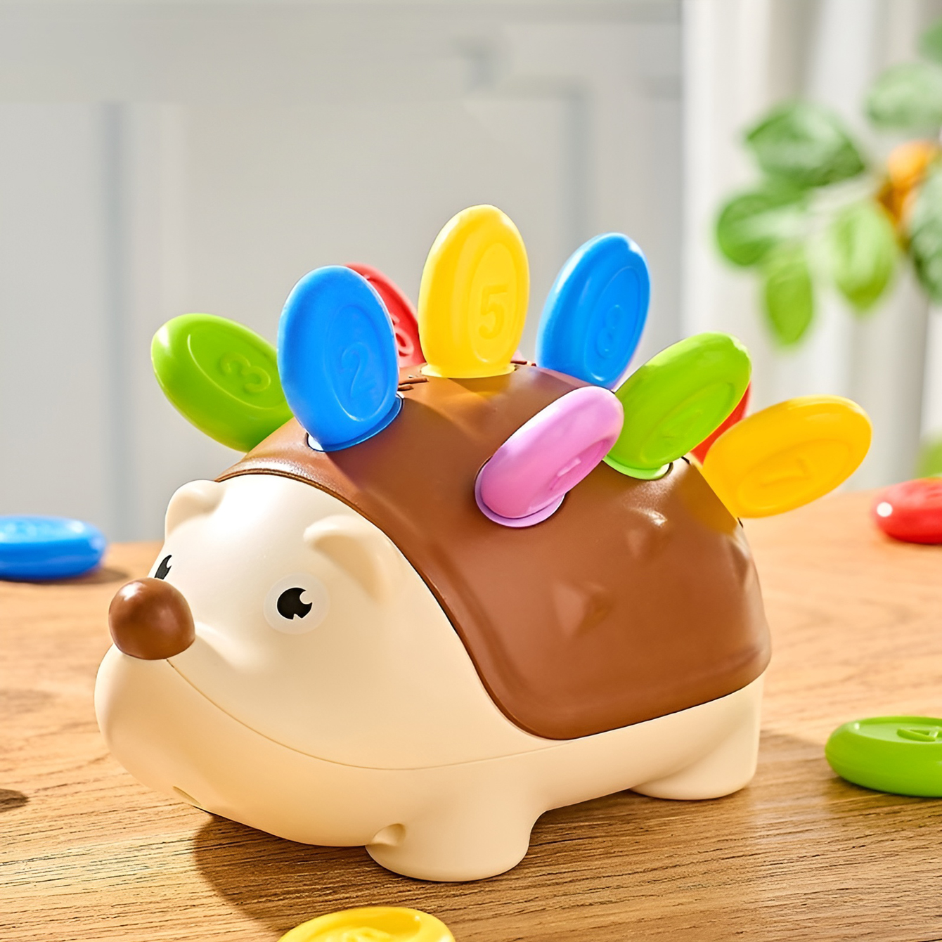 Children's educational puzzle toy featuring stuffed hedgehog, with number matching and assembly features