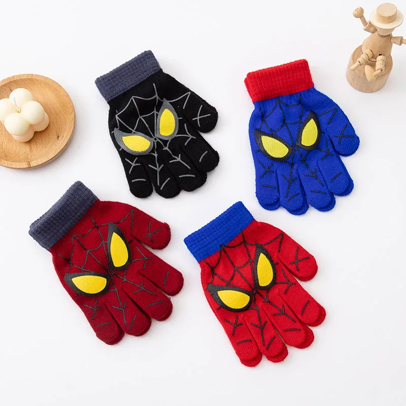 Guantes de invierno de araña para niños de 3 a 8 años, manoplas tejidas con dedos completos, guantes cálidos de dibujos animados para exteriores para niños, guantes de otoño para niños