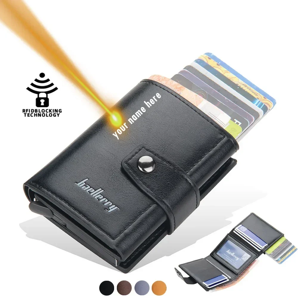Personalizowany męski aluminiowy portfel na karty - portfel z ekoskóry z blokadą RFID - grawerowane imię na karty kredytowe/bankowe i ochrona dowodu tożsamości