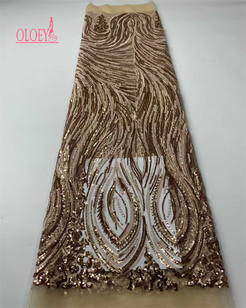OLOEY  African Handmade Sequins Tulle Lace Fabric French Luxury Beads Lace Fabric For Bridal Wedding Party Dress Sew