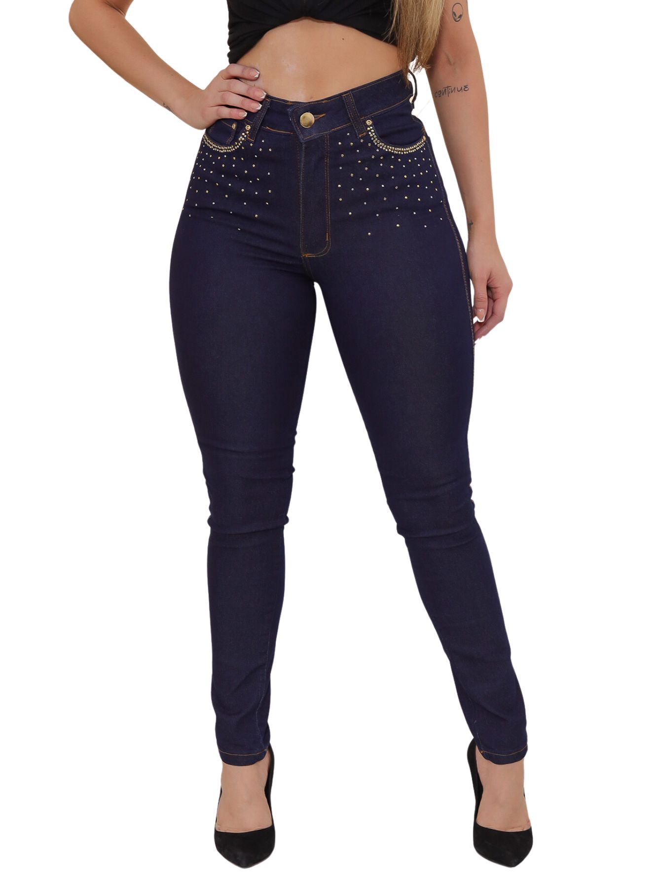 Strass Broek Skinny Dark Jeans En Strass Zak Met Steen