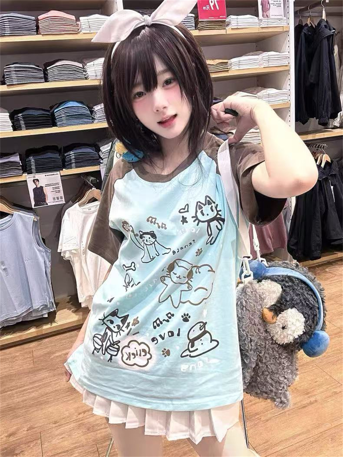 Damen Japanischer Cartoon-Druck Oberteile E-Girl Fairycore Kontrastfarben Niedliches Grafik-T-Shirt Y2k Ästhetik Grunge Lässiges T-Shirt