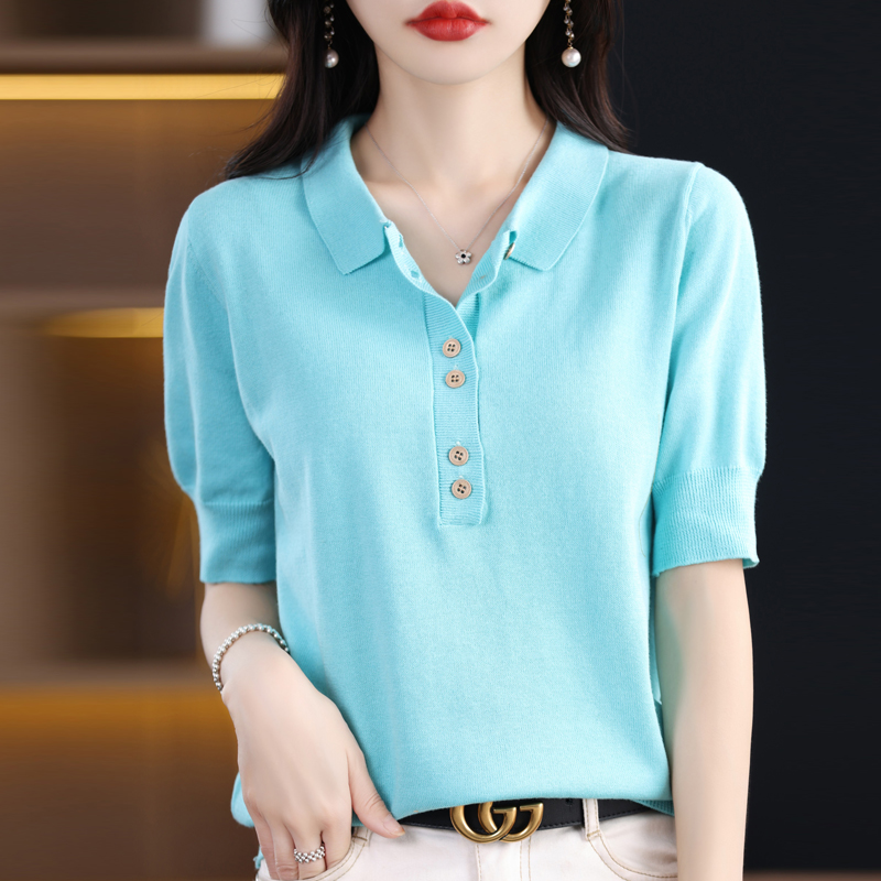 T-shirt da donna estate 100% cotone maglione manica corta maglieria Casual colletto POLO top da donna Pullover allentato Tees bottoni