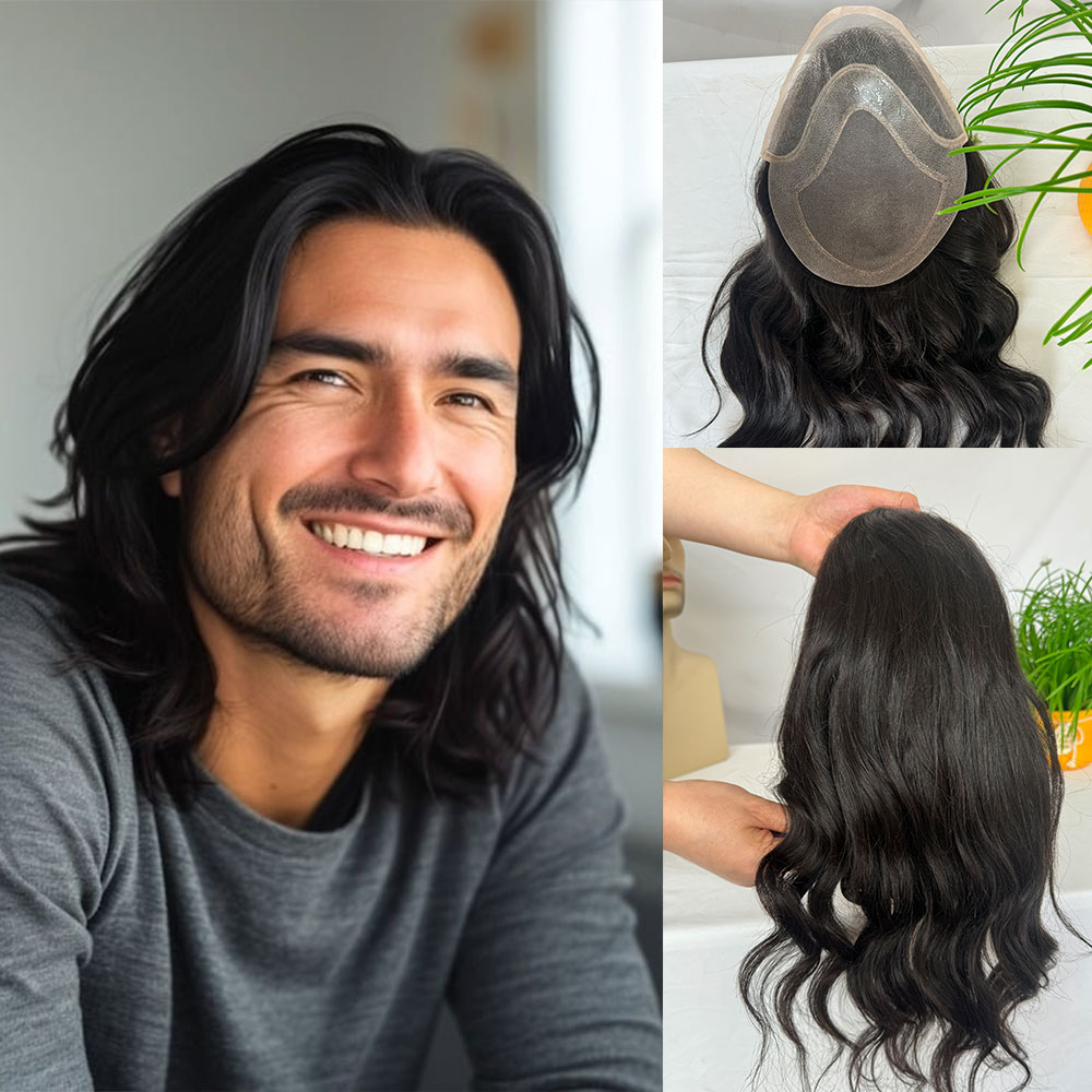 Peluca de 12'' de largo para hombre, sistema de reemplazo capilar de cabello humano virgen europeo de 10x8'', postizo masculino con base de monofilamento y encaje, ondas sueltas, pelucas para hombre
